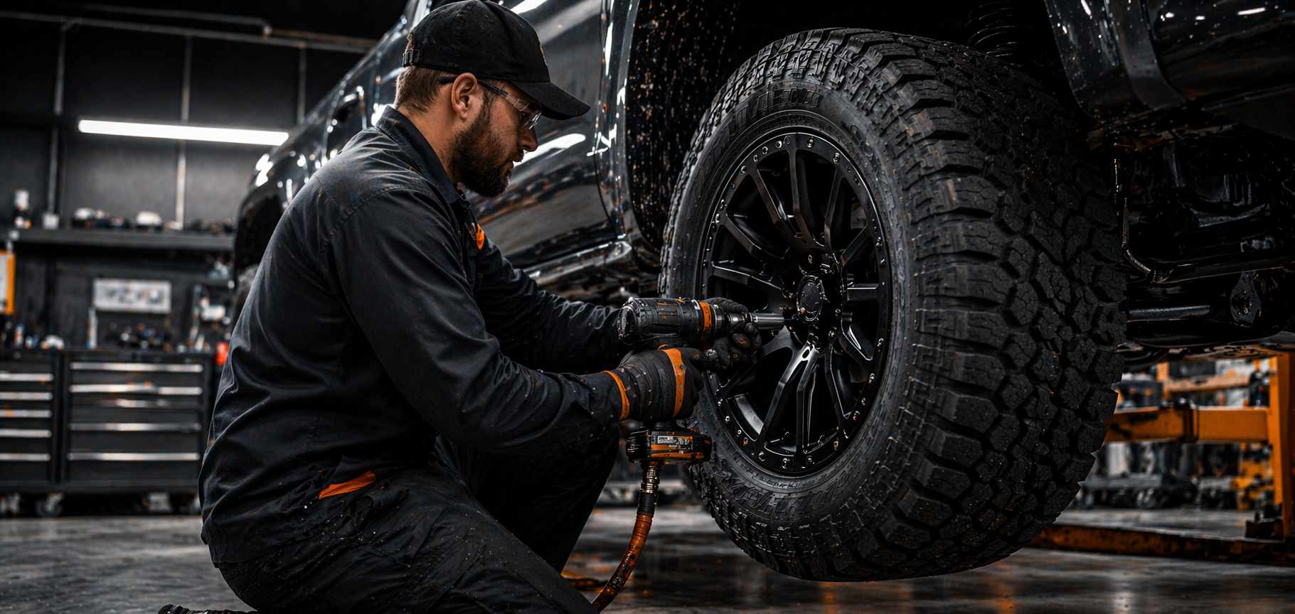 Mechanic working on a vehicle wheel