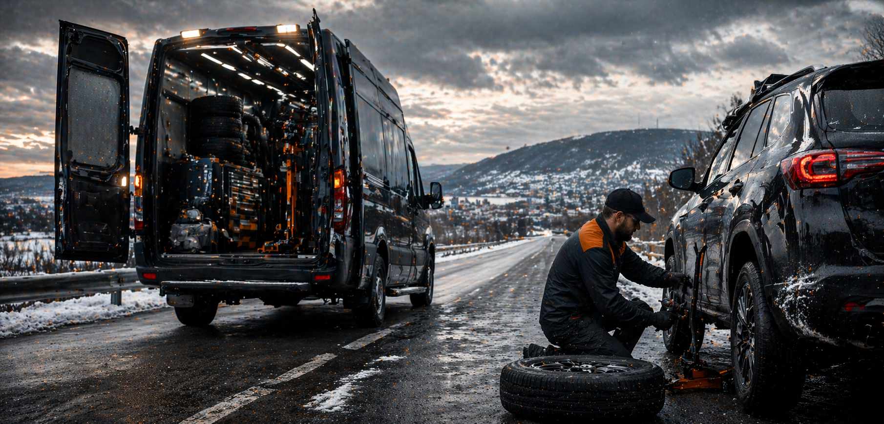 Winter roadside tire service in progress